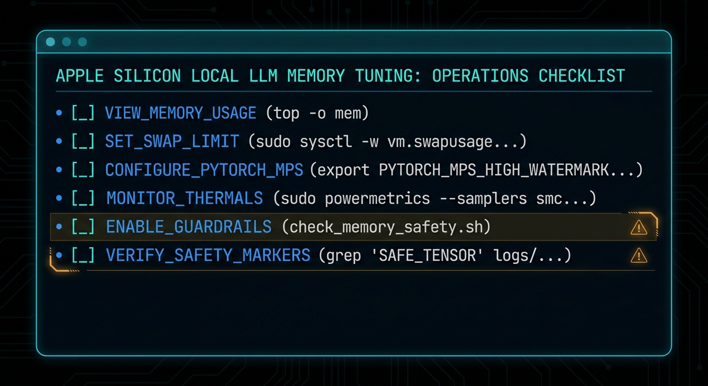 Minimal dark checklist for Apple Silicon LLM tuning with commands and safety guardrails