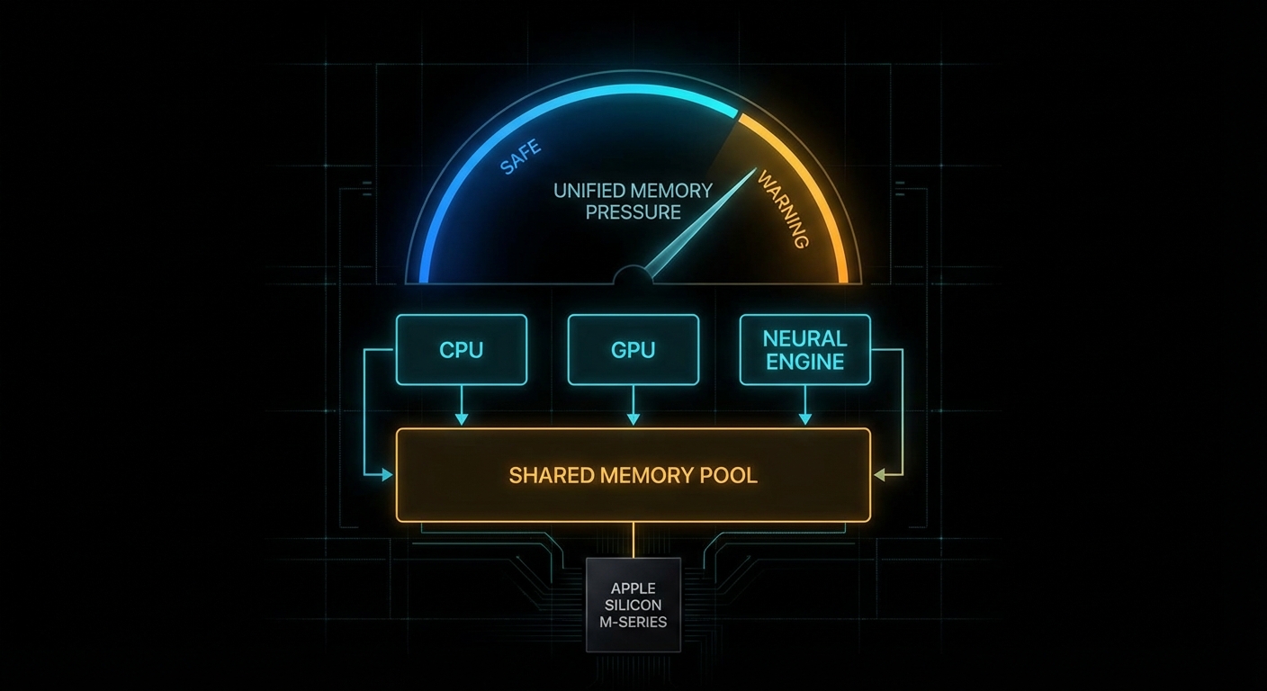 Memory pressure gauge rising as an oversized model pushes against system limits