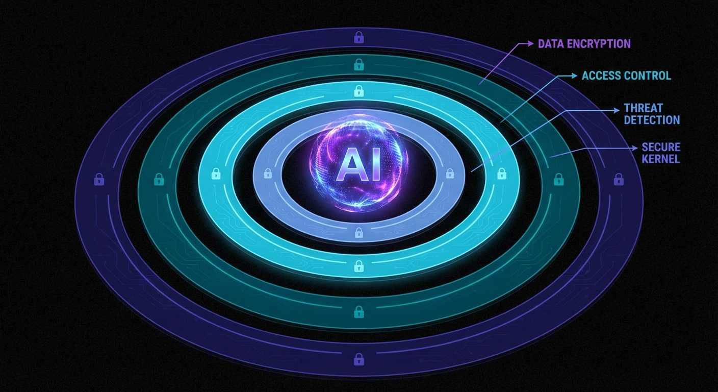Dark layered defence architecture diagram for AI agent security