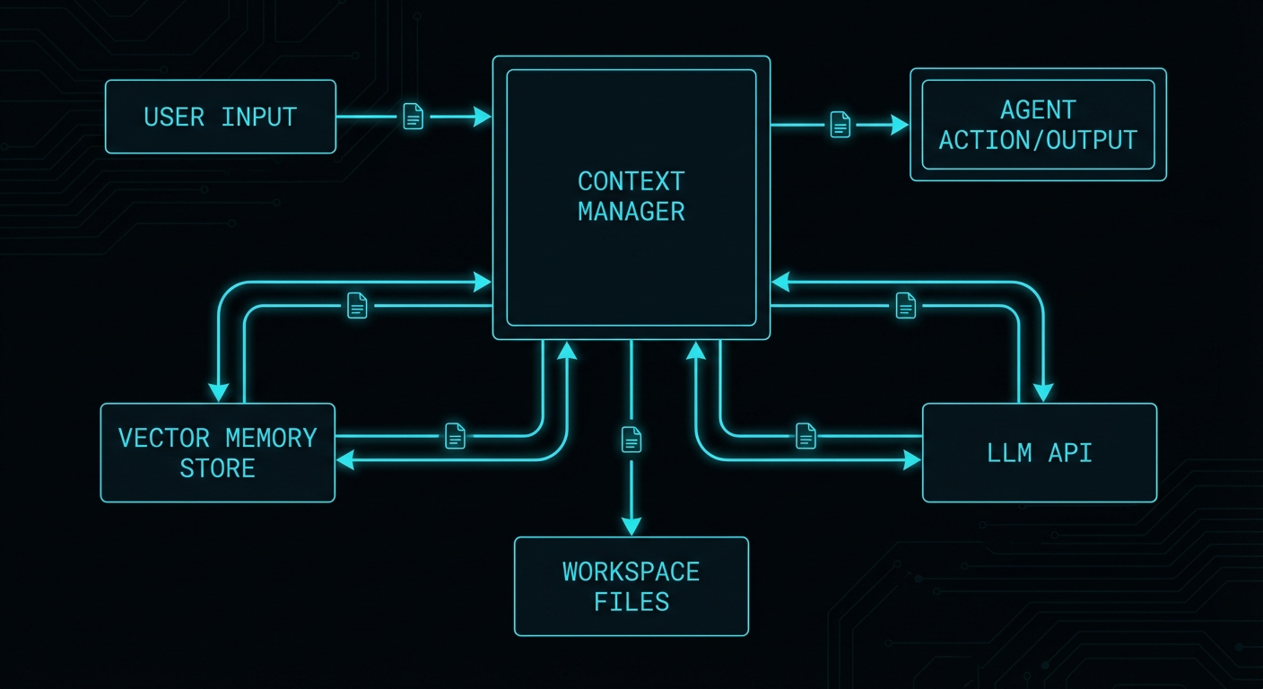 Full agentic loop architecture: context manager connecting LLM, memory store, and workspace files