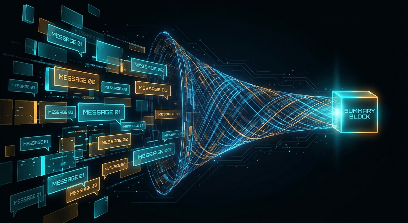 Context compaction: many messages compressed into a single summary block