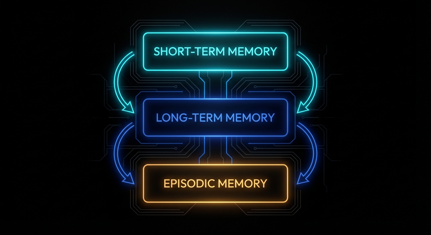 Three memory layers diagram: short-term, long-term, and episodic