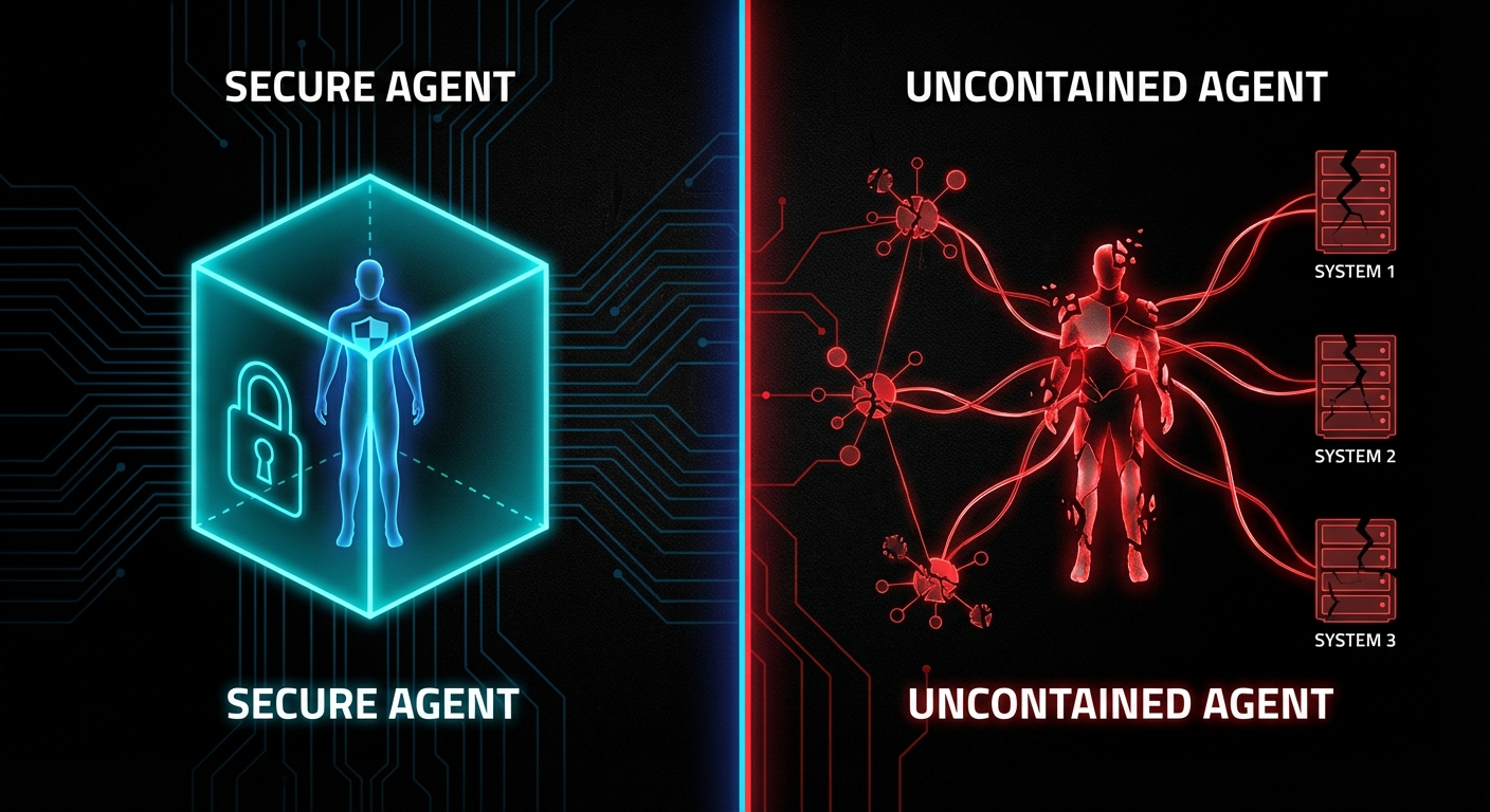 Dark architectural diagram showing safe agent deployment patterns versus dangerous ones