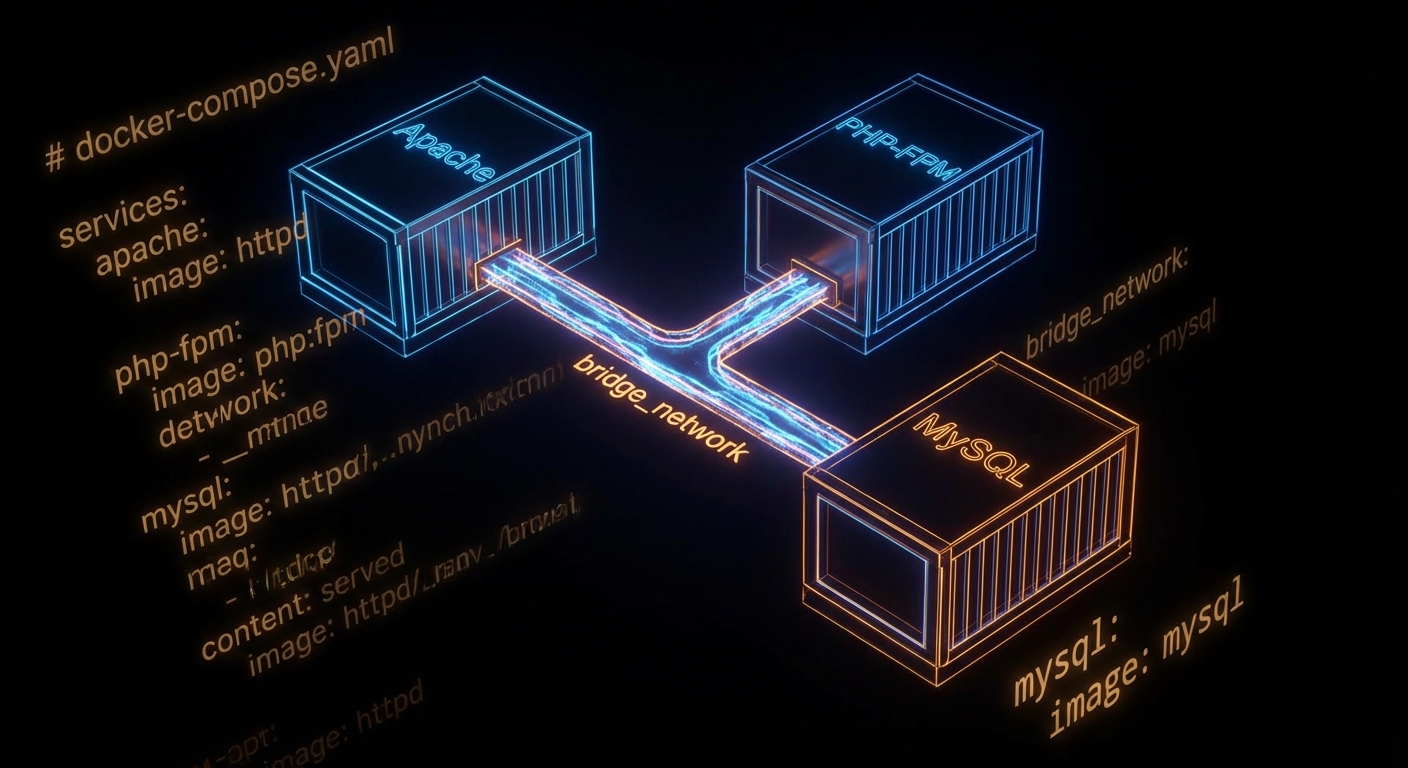 Docker Compose wiring Apache, PHP-FPM, and MySQL containers together