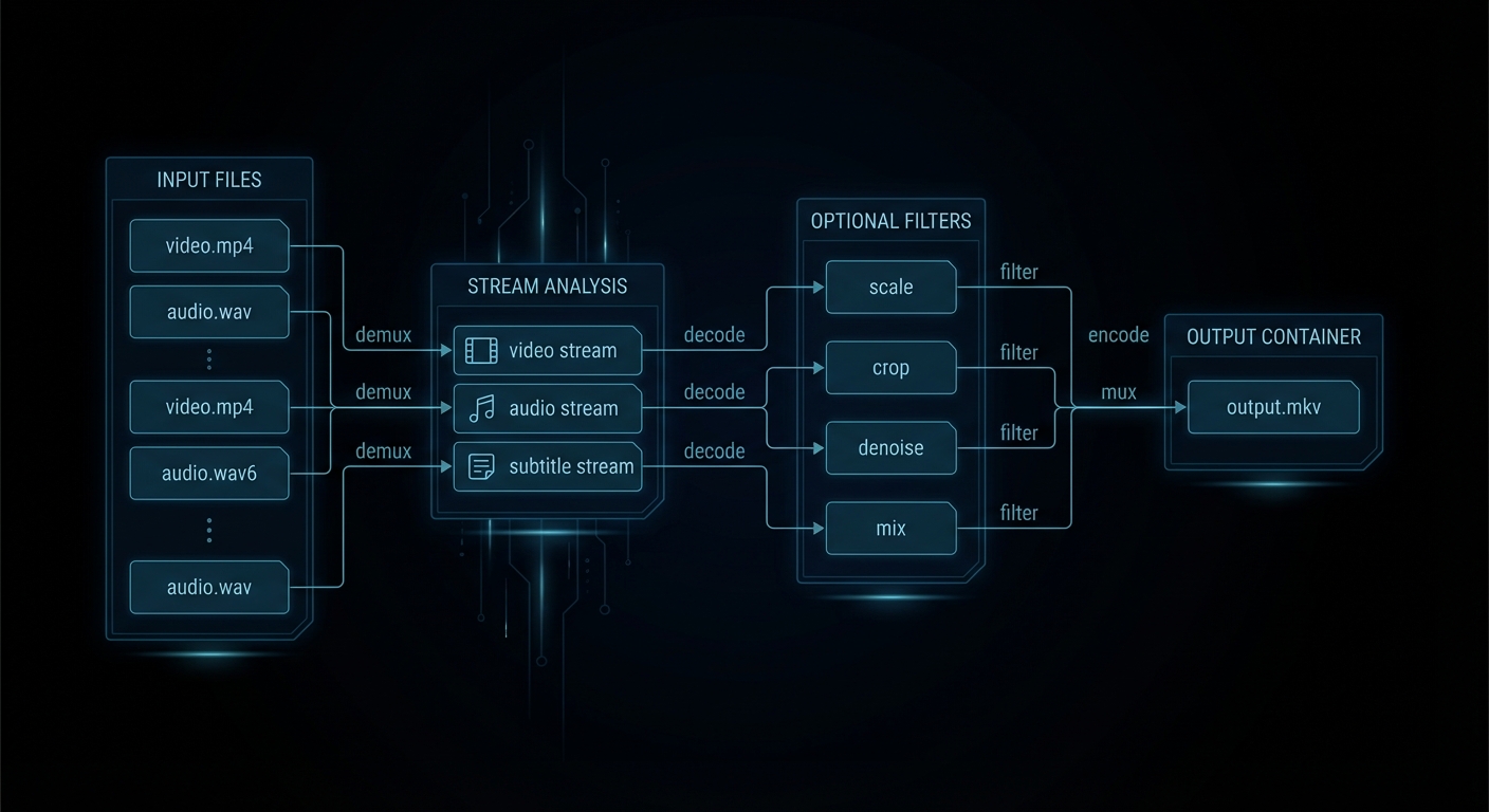 Dark diagram showing FFmpeg command flow from input to streams to filters to output