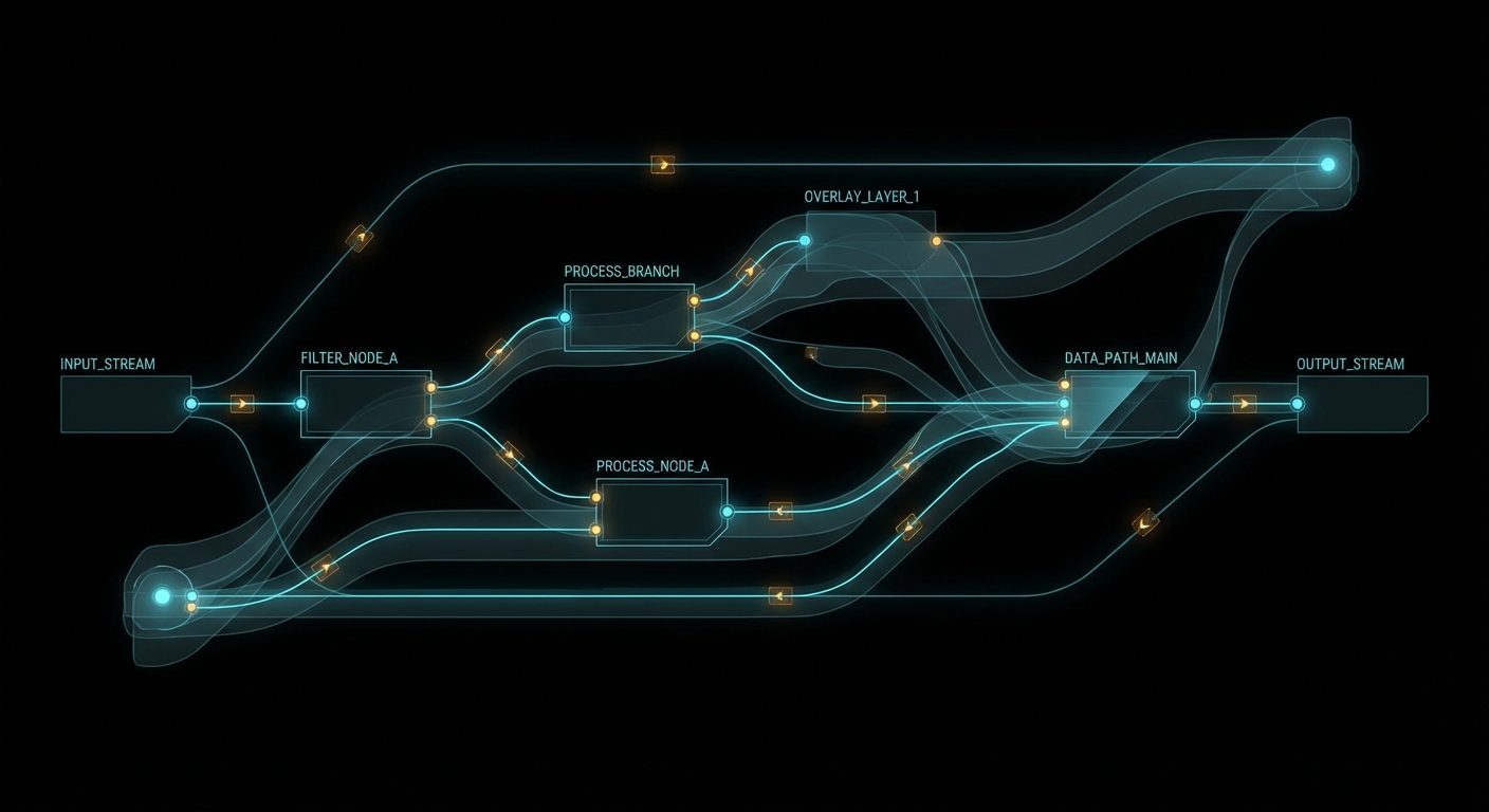 Dark diagram of FFmpeg filtergraph with labelled nodes and branches