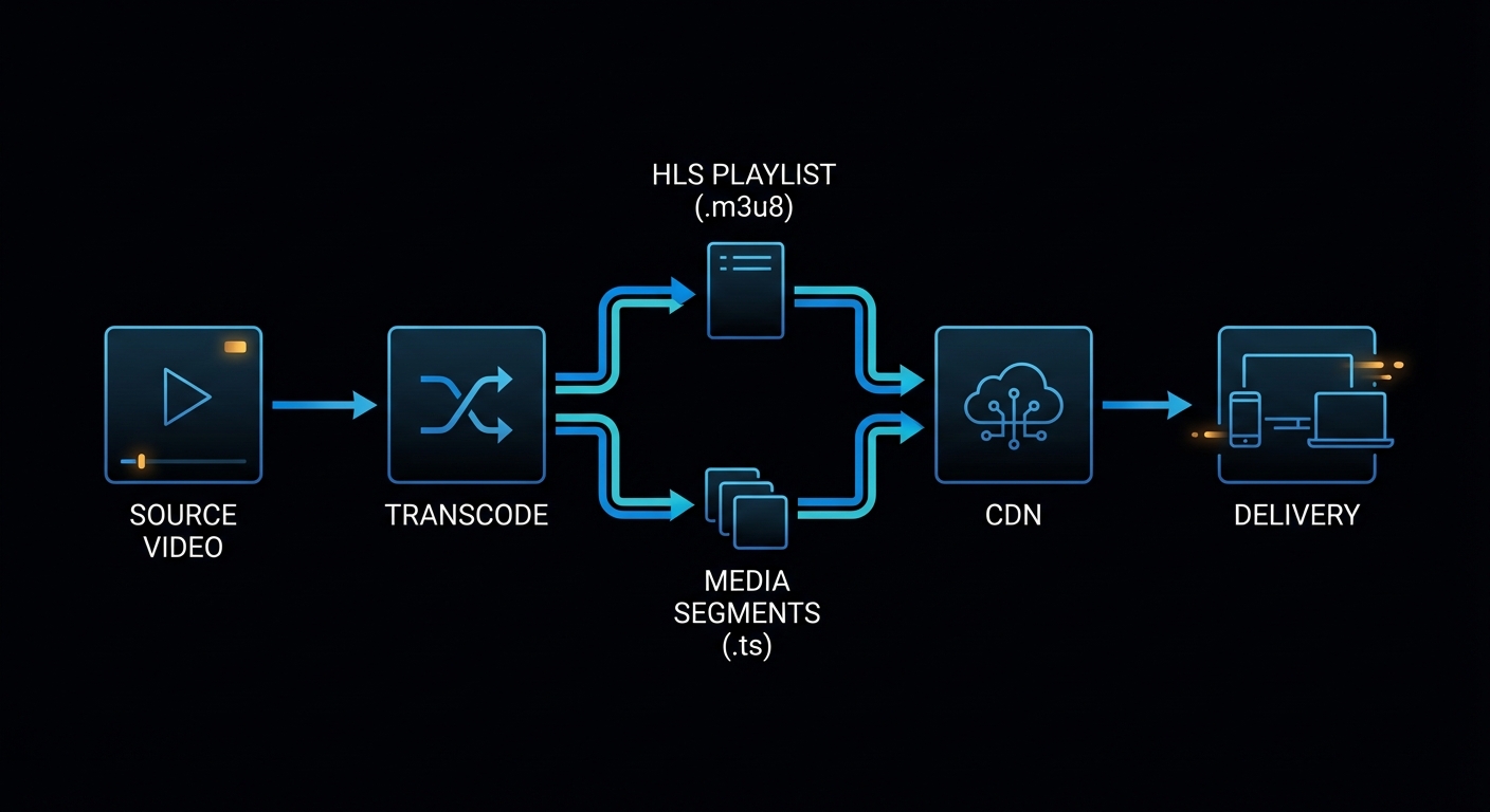 Dark streaming pipeline diagram showing input transcoding into HLS segments and playlist