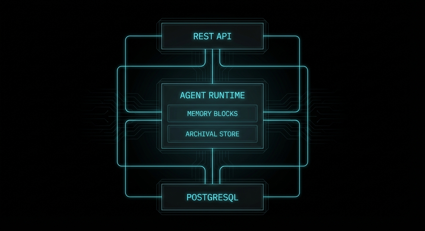 Letta server architecture: REST API, agent runtime, memory blocks, archival store, PostgreSQL