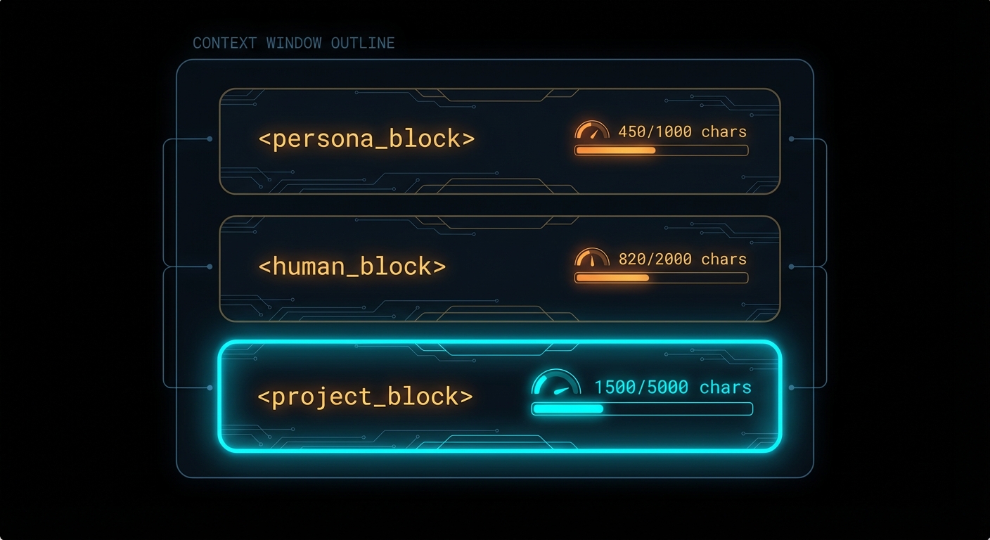Letta memory blocks: persona, human, project blocks with character count meters