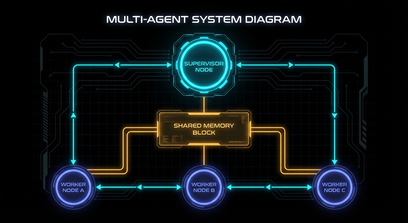 Letta multi-agent system: supervisor and workers connected via shared memory block