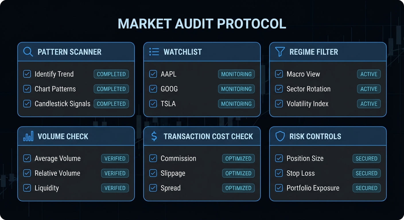 Dark finance checklist graphic for reviewing chart patterns, cost checks, and risk controls