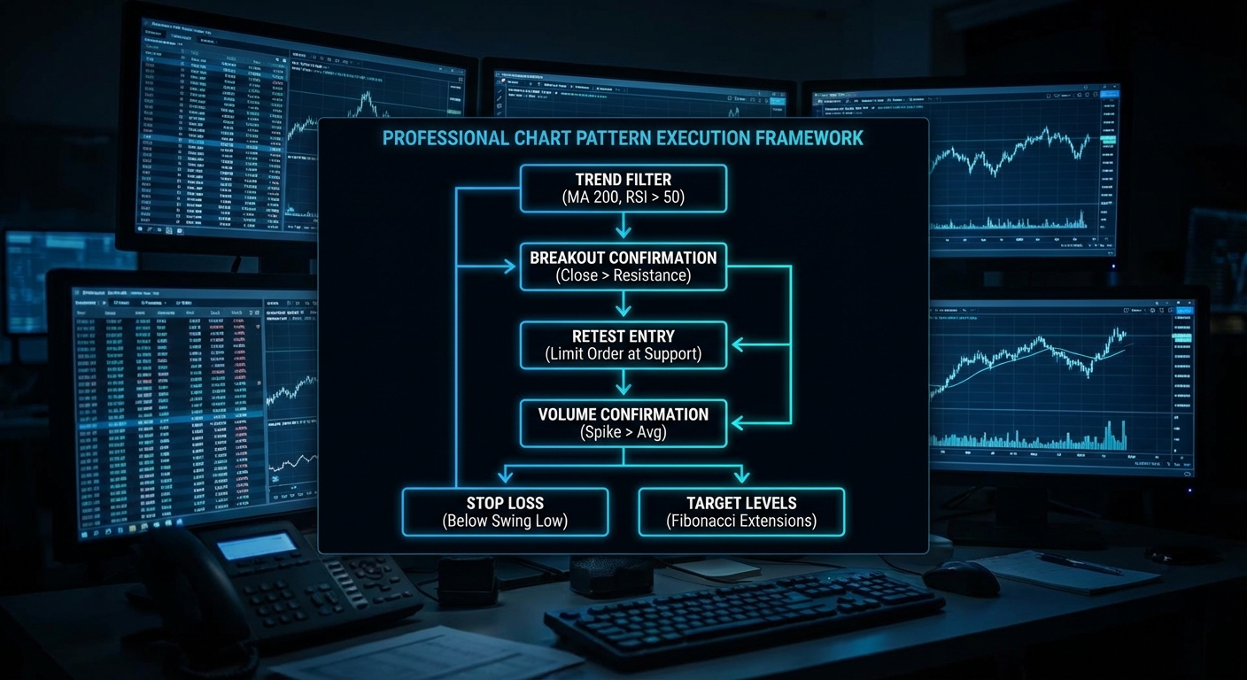 Dark professional diagram showing trend filter, breakout confirmation, retest, stop loss and target rules