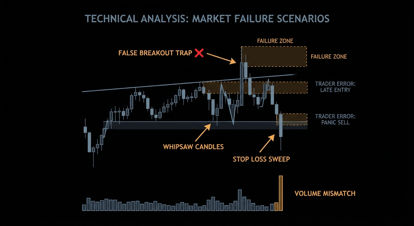 Dark technical chart illustrating false breakouts, stop sweeps, and failed pattern trades