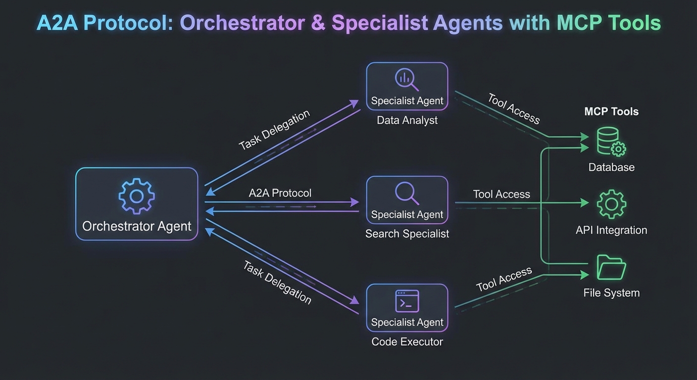 Agent to Agent A2A protocol diagram orchestrator delegating tasks to specialist agents MCP tools dark