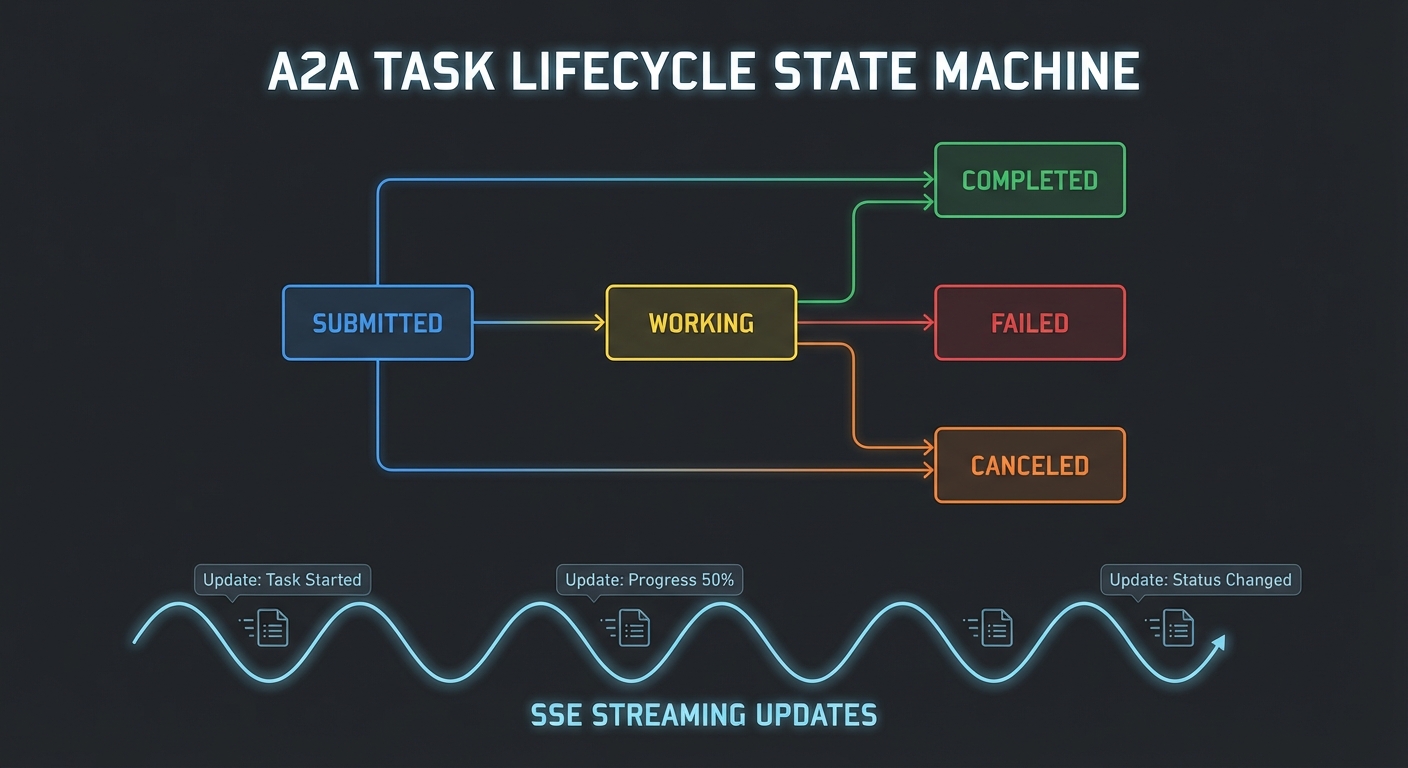 A2A task lifecycle state machine submitted working completed failed canceled SSE streaming updates dark