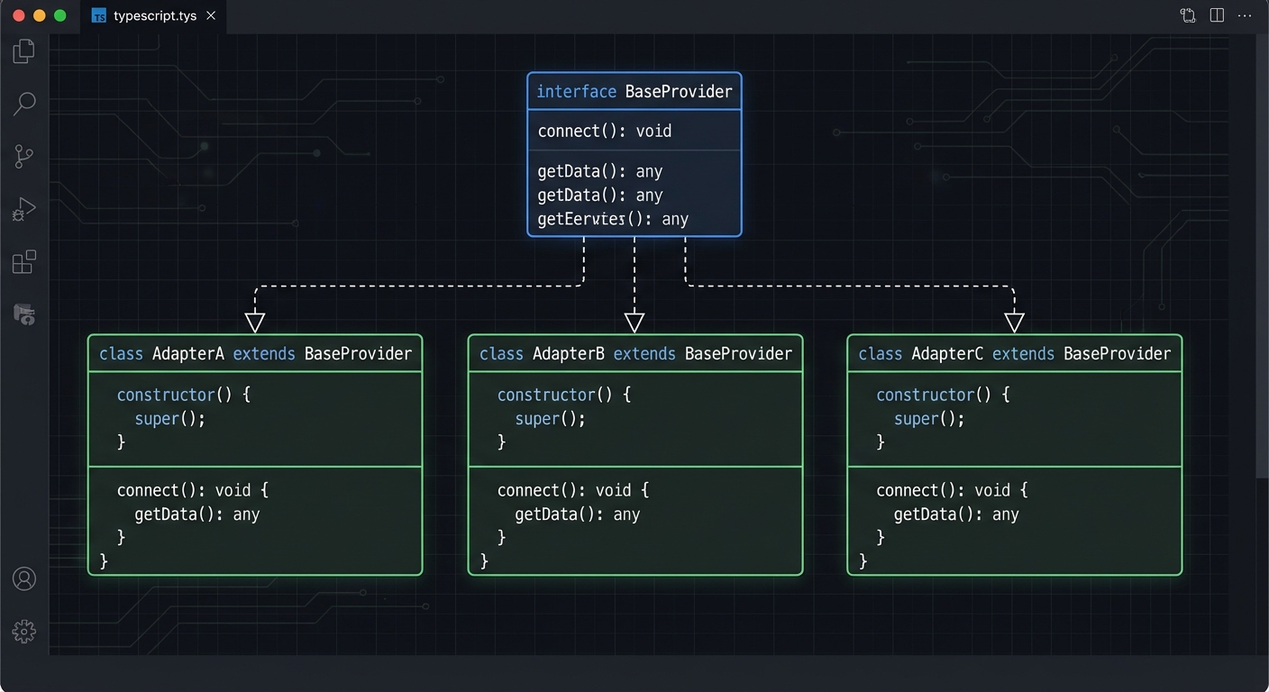 Three adapter classes OpenAI Claude Gemini extending BaseProvider interface with convertTools callModel extractToolCalls dark code diagram