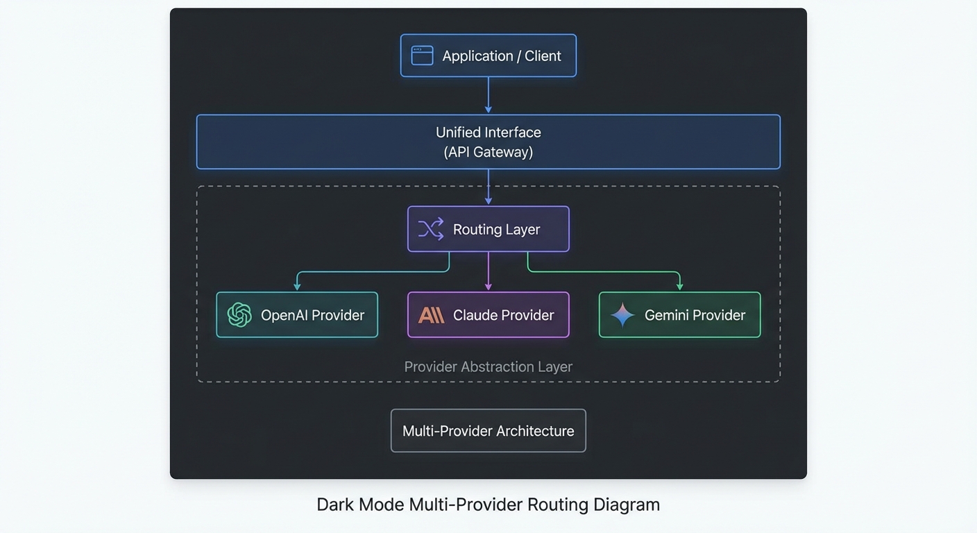Multi-provider MCP abstraction layer diagram showing unified interface routing to OpenAI Claude Gemini dark