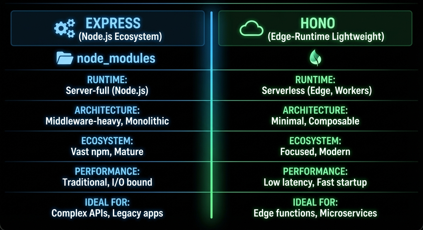 Express versus Hono comparison showing ecosystem compatibility versus edge runtime support dark comparison