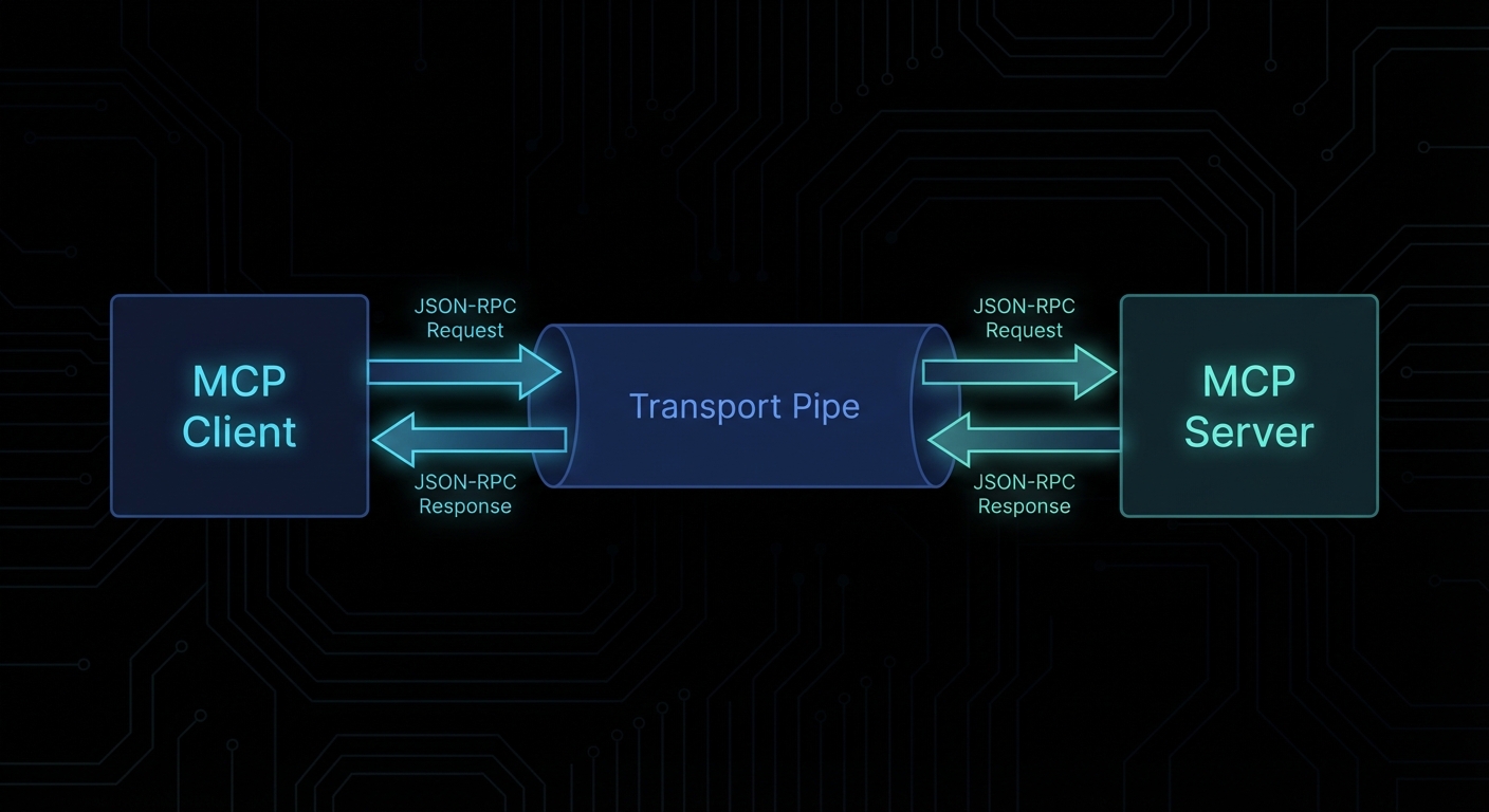 MCP client-server connection diagram showing transport layer and JSON-RPC messages
