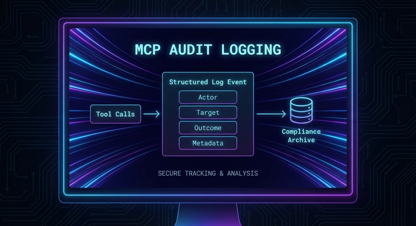 MCP audit logging diagram showing tool calls flowing to structured logs with user session model and result metadata dark