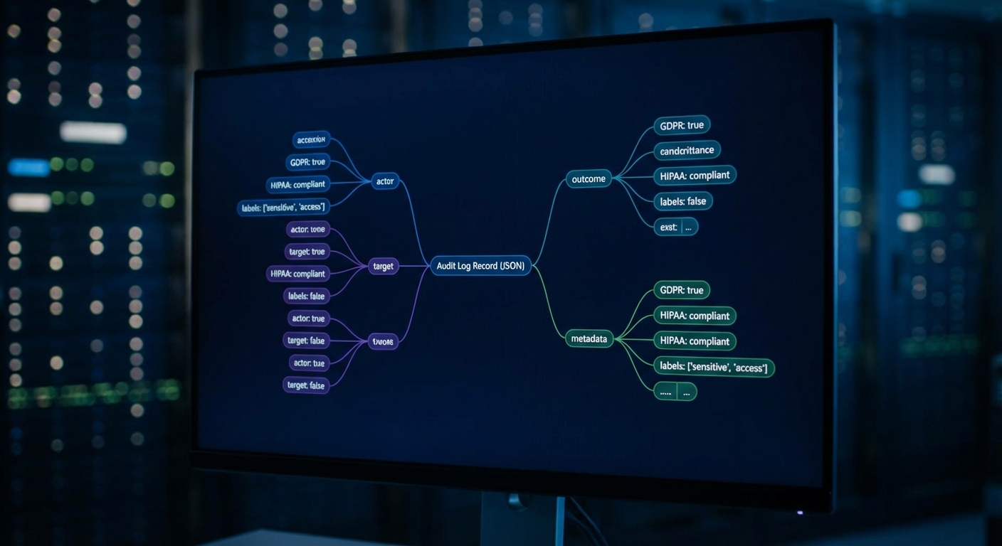 Audit log record structure diagram showing fields actor target outcome metadata with compliance labels dark