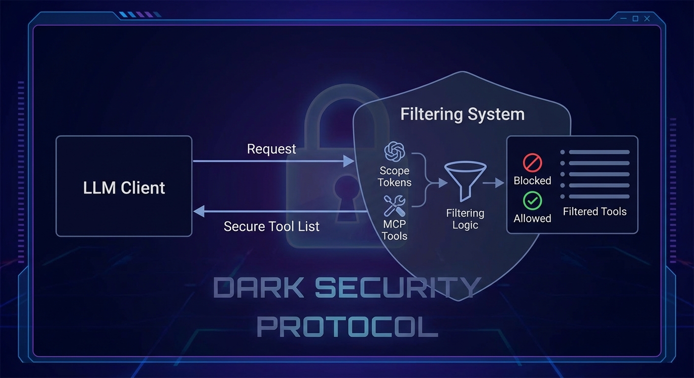 Tool filtering diagram showing OAuth scopes being used to filter MCP tool list before returning to client dark