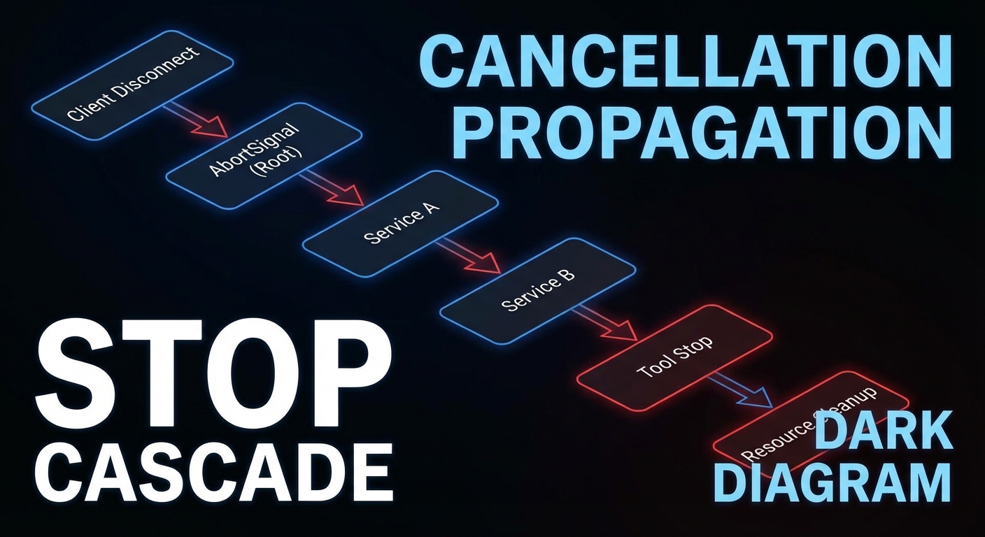 Cancellation propagation diagram client disconnect AbortSignal tool cleanup chain stop resource release dark
