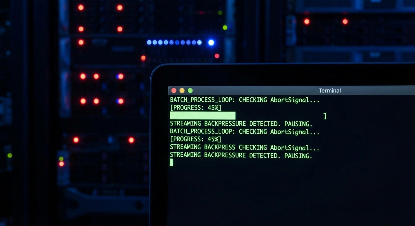 Progress reporting pattern batch processing loop checking AbortSignal emitting log notifications at intervals dark