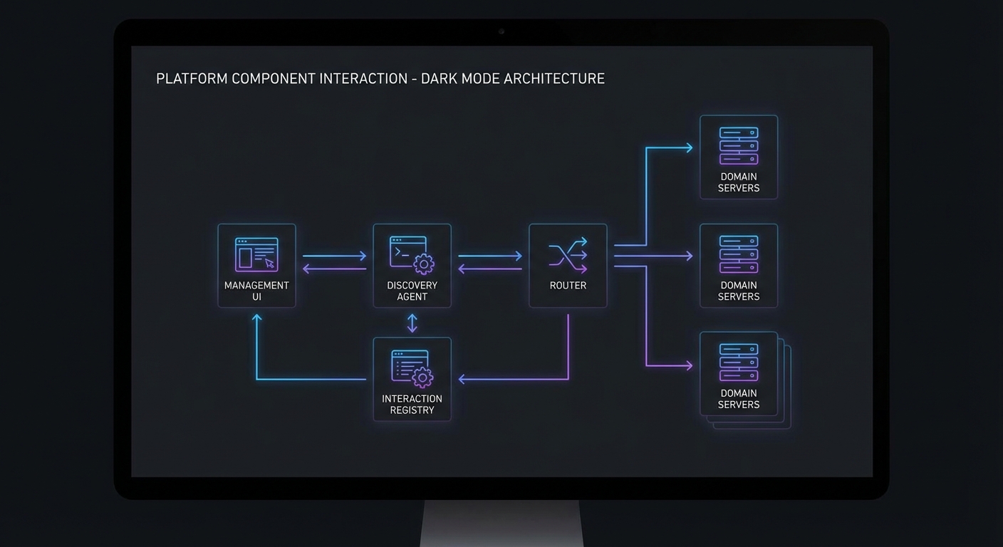 Platform component interaction diagram registry discovery client agent router domain servers management UI dark