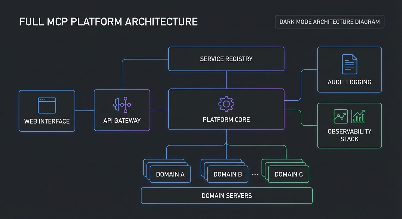 Full MCP platform architecture registry gateway domain servers web interface audit logs monitoring dark