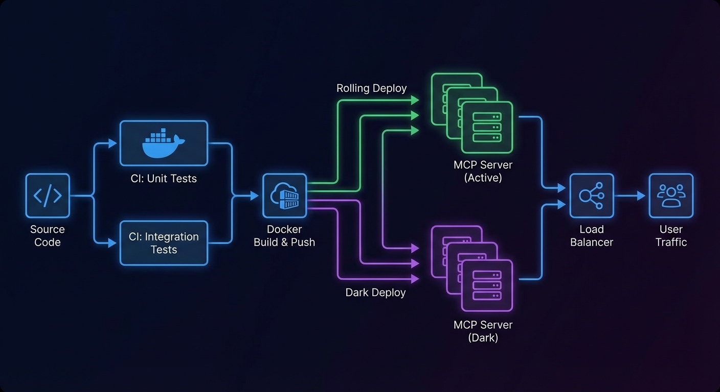CI/CD pipeline for MCP server showing test stages build Docker push deploy rolling update dark diagram