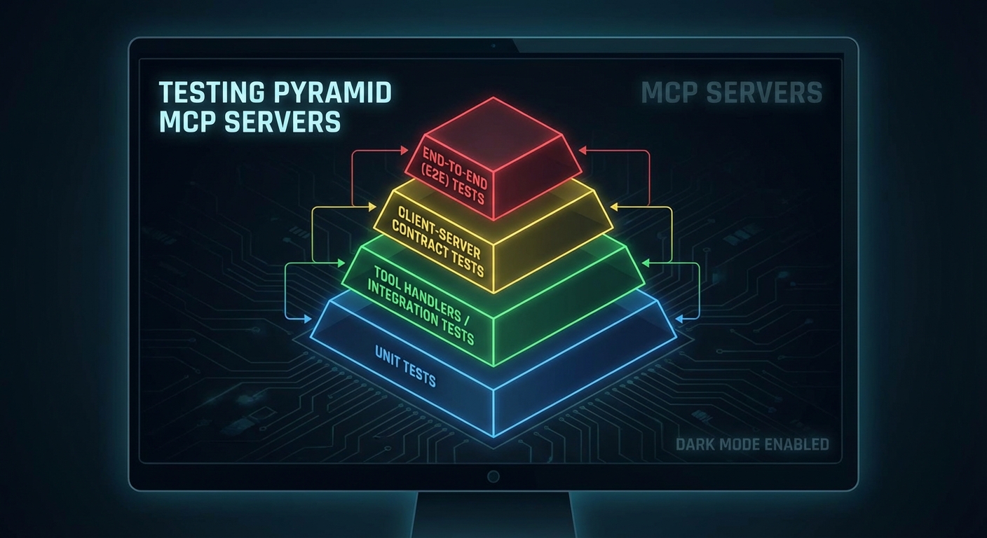 Testing pyramid for MCP servers unit handlers integration client-server contract tests e2e dark diagram