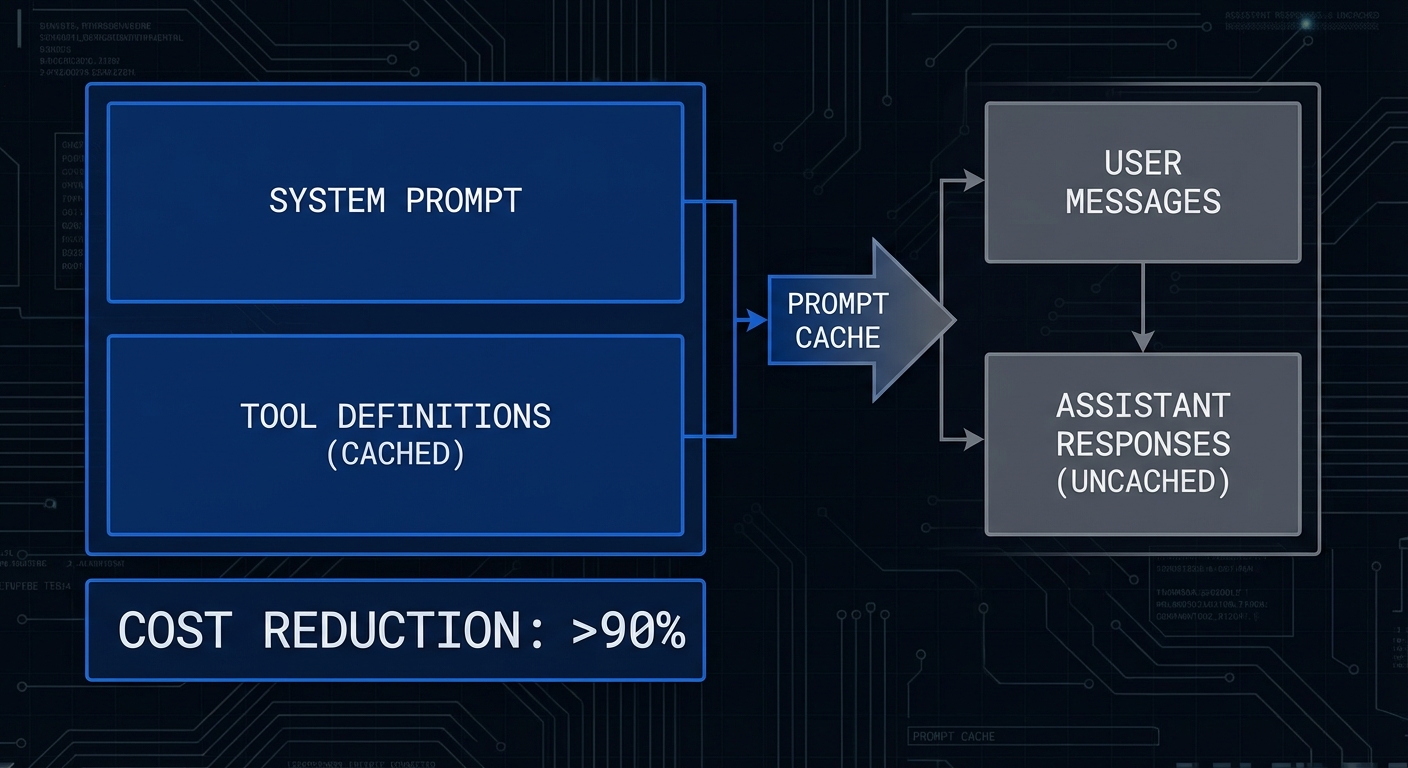 Anthropic prompt caching diagram showing system prompt and tool definitions cached versus messages uncached cost reduction