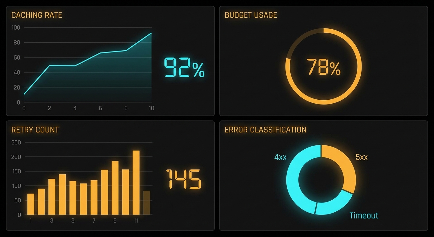 Production Claude MCP patterns overview diagram showing caching retry budget observability blocks dark