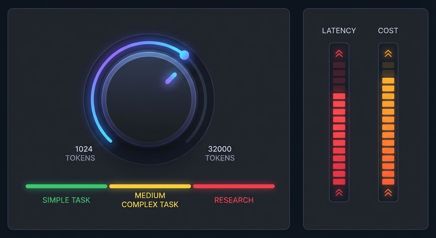 Claude thinking budget dial showing trade-off between reasoning depth latency cost with task complexity axis dark