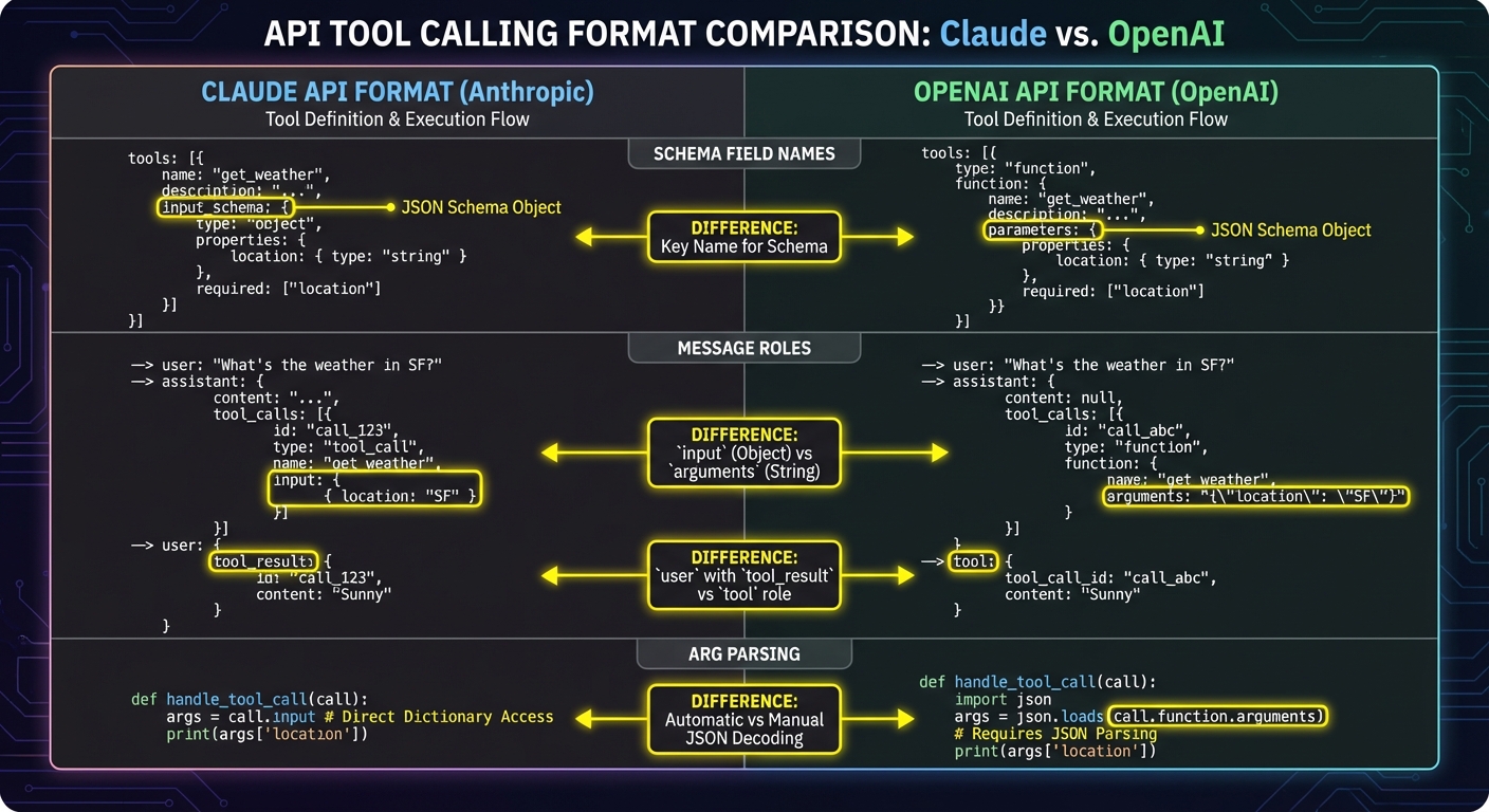 Side by side comparison of Claude tool use format versus OpenAI function calling format showing differences dark