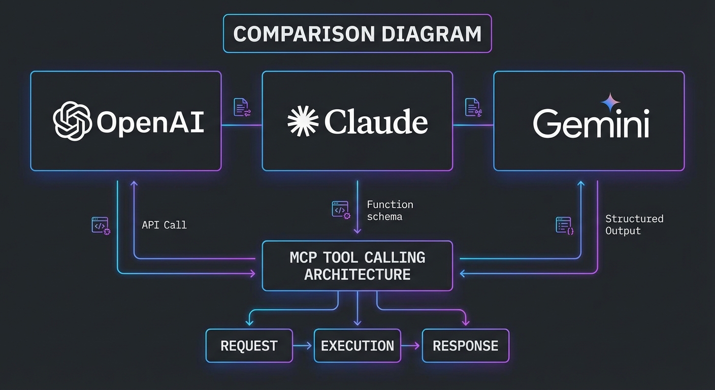 Three provider logos OpenAI Claude Gemini side by side MCP tool calling comparison diagram dark