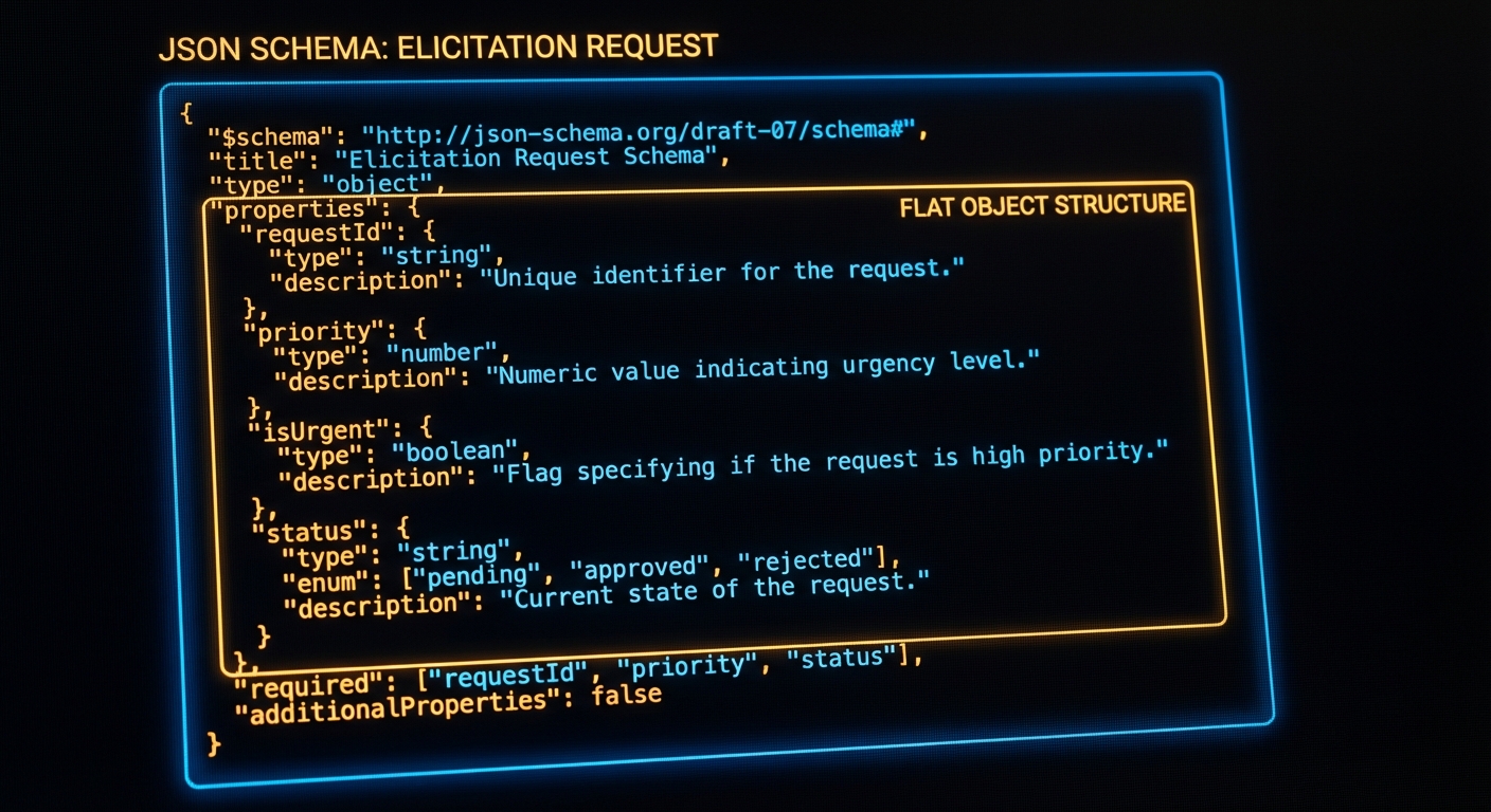 MCP elicitation schema showing JSON schema for user response with string number boolean enum field types