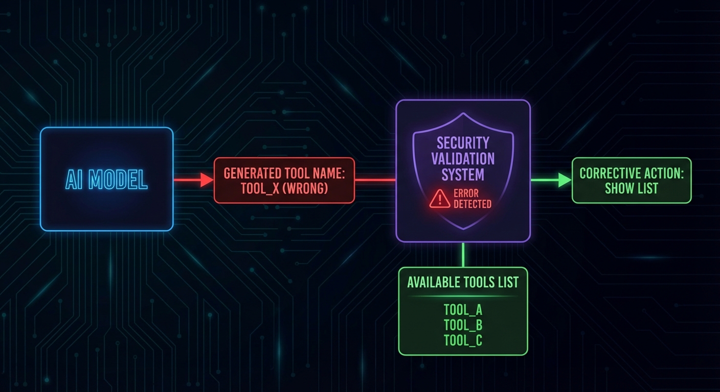 Hallucinated tool name detection flowchart model calls nonexistent tool validation catches it error returned dark