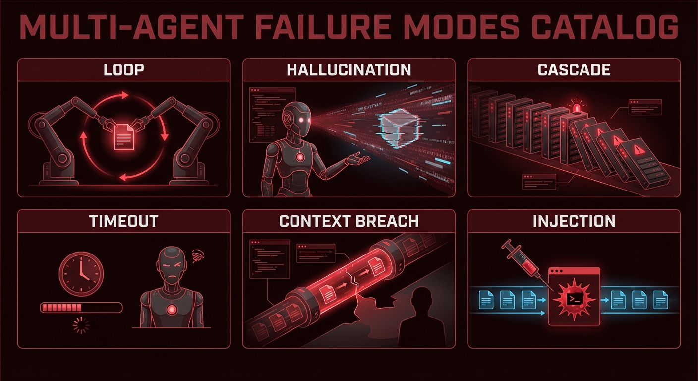 Multi-agent failure mode catalog diagram showing loop hallucination cascade timeout context breach dark red warning