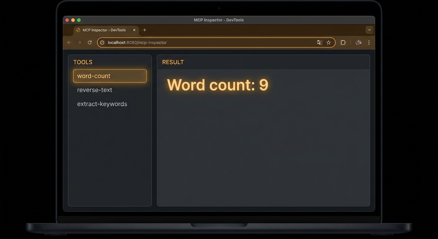 MCP Inspector showing text-tools server with three tools listed and word-count tool call result