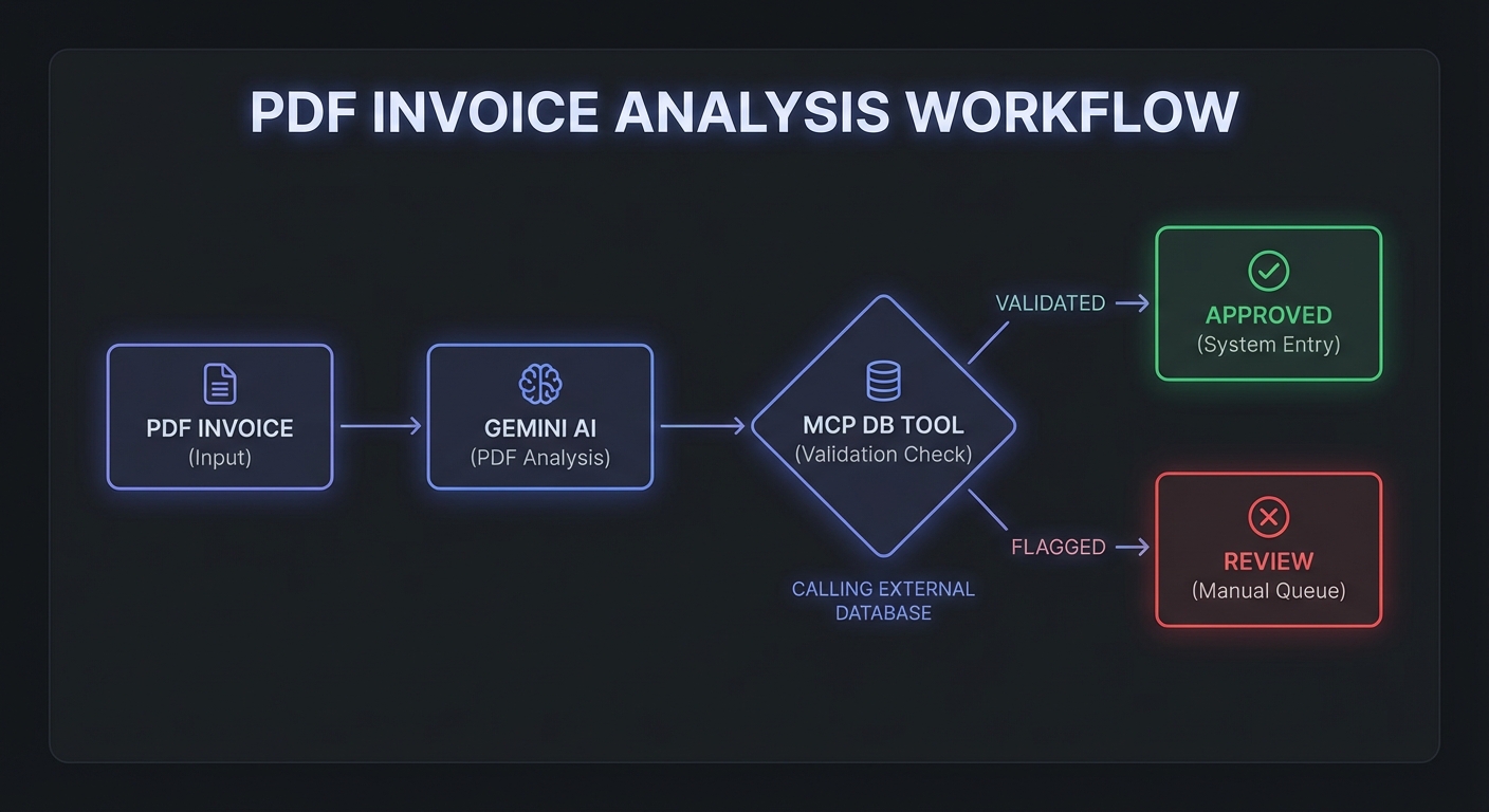 Gemini PDF invoice analysis with MCP database lookup tool call flow dark diagram boxes arrows