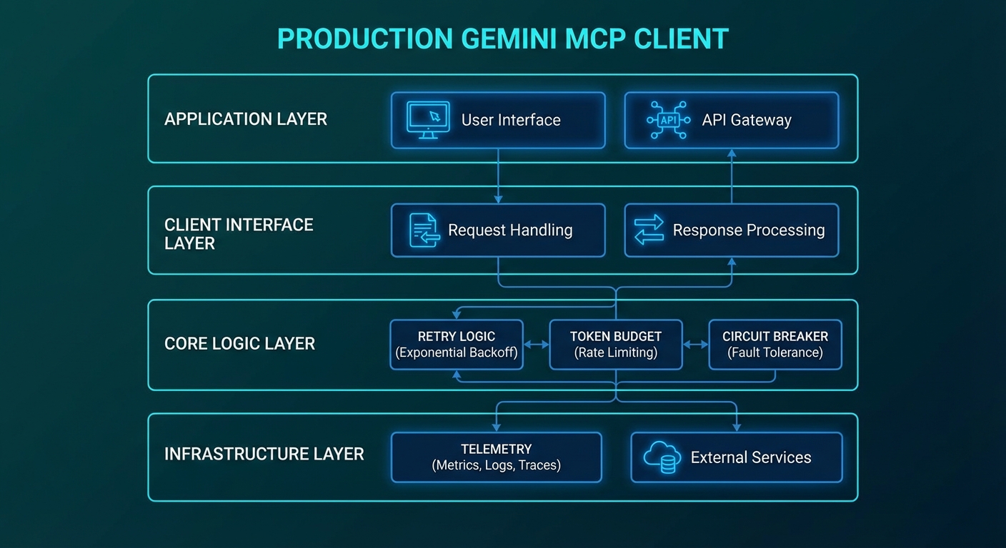 Production Gemini MCP client architecture diagram showing token budget retry circuit breaker observability dark teal