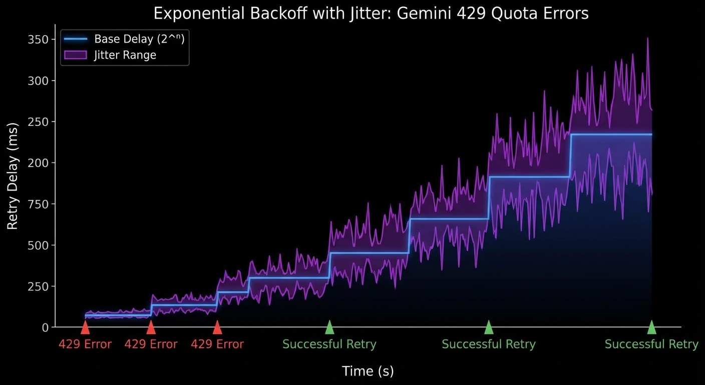 Exponential backoff with jitter timing diagram for Gemini 429 quota errors 5 second base delay dark
