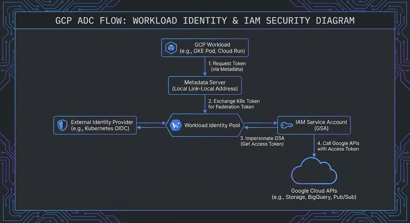 Vertex AI authentication flow diagram showing service account ADC credential chain GCP IAM dark
