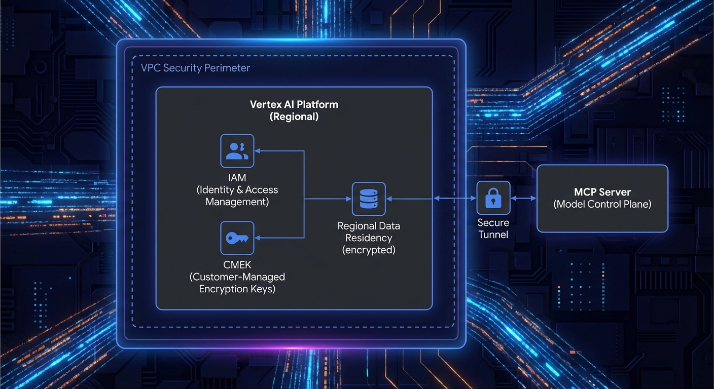 Vertex AI enterprise diagram with VPC security IAM CMEK regional data residency connected to MCP server dark