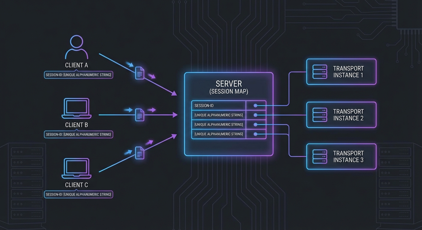 MCP HTTP session management diagram showing session ID header session map multiple clients connecting dark