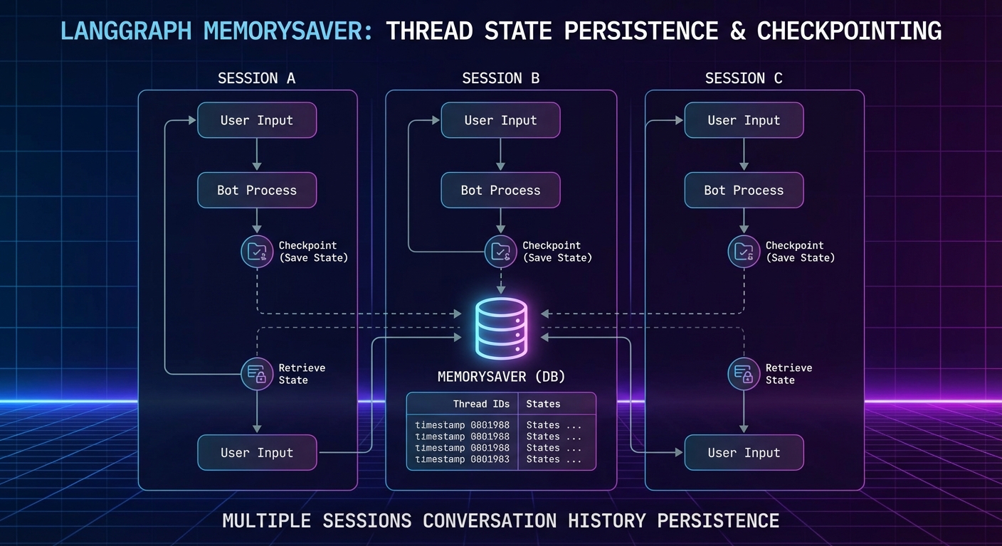 LangGraph checkpointing diagram showing thread state persisted across multiple agent invocations memory saver dark