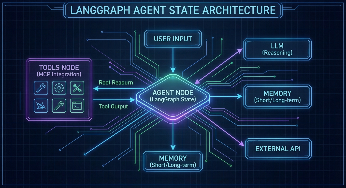 LangGraph agent graph diagram with MCP tool nodes state machine edges checkpointer dark architecture