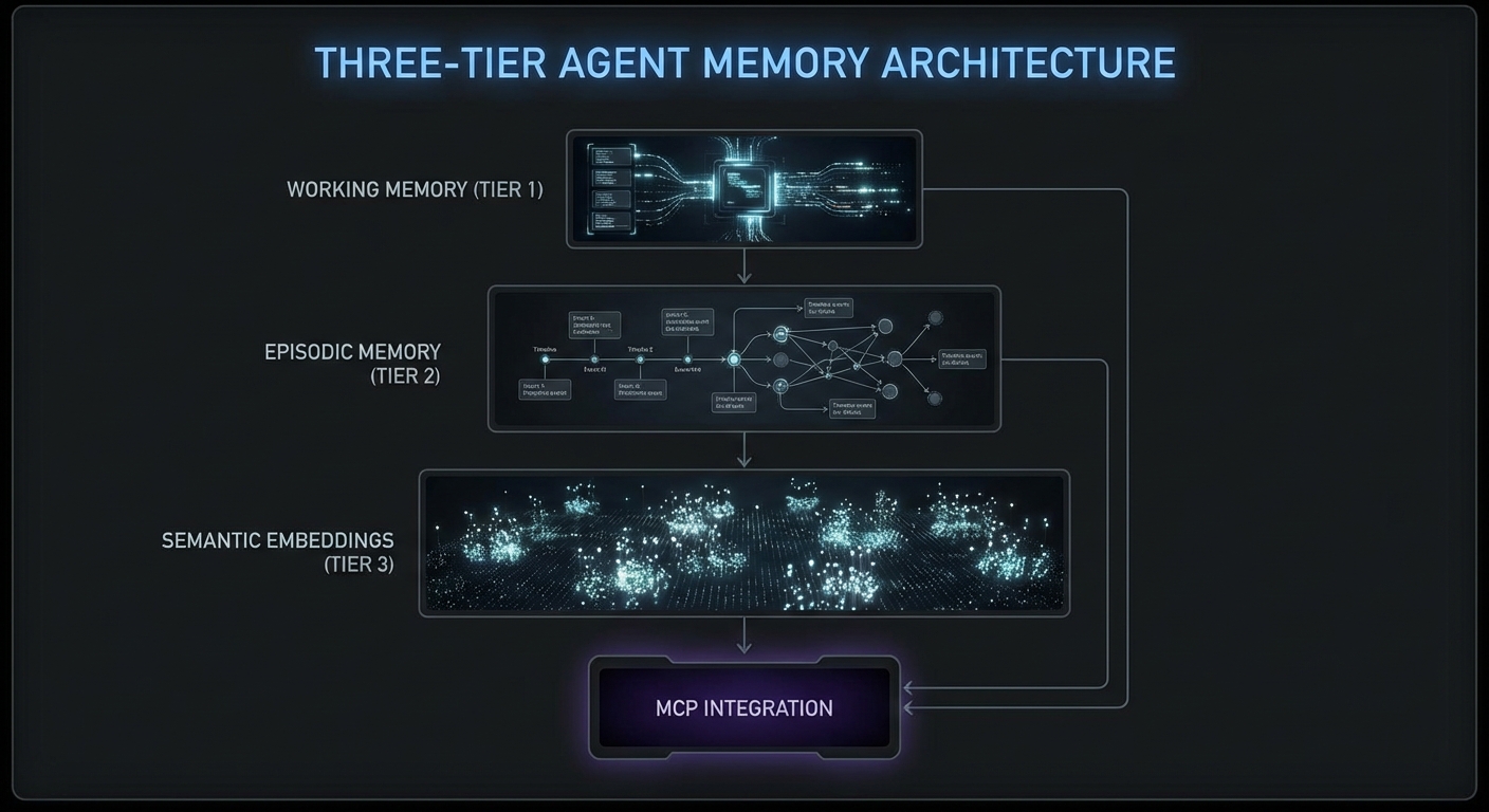 Agent memory architecture diagram showing working memory episodic memory semantic memory layers MCP tool integration dark